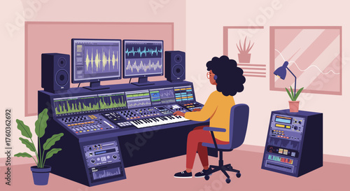 Illustration of a woman working on music production at her studio with mixer and monitors, concept for music production, sound engineering and creative process