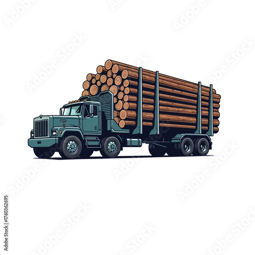 A teal-colored logging truck transporting a large load of freshly cut timber.