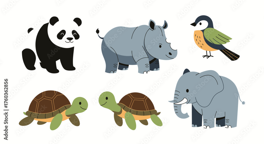 Obraz premium Cartoon Animals: Panda Rhino Bird Turtles and Elephant.