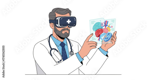 Doctor in lab coat wearing VR headset, holding human internal organs illustration. Concept for medical training simulation, surgical planning, and virtual reality therapy.