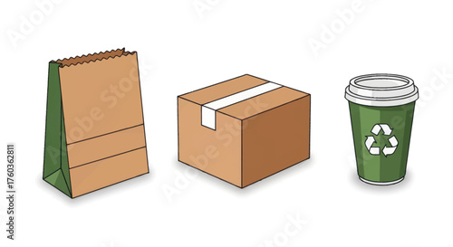 Three eco-friendly packaging items: paper bag cardboard box and recyclable cup.