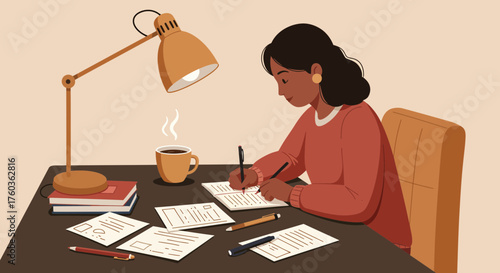 Illustration of a woman writing at a desk with a lamp, papers, and coffee in a cozy room. Concept for remote work, freelance, and study sessions