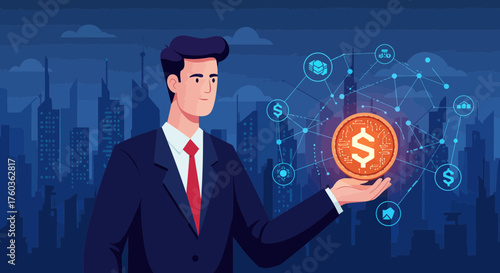 Businessman holds digital coin surrounded by network icons on cityscape backdrop. concept for blockchain investment, crypto currency business and fintech solutions.
