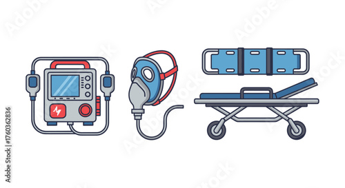 Essential Emergency Medical Devices: Defibrillator Oxygen Mask Stretcher.
