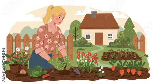 Illustration of a blond woman gardening in her vegetable garden plot on a sunny day, concept for agriculture, horticulture and eco-friendly lifestyle