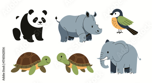 Cartoon Animals: Panda Rhino Bird Turtles and Elephant.