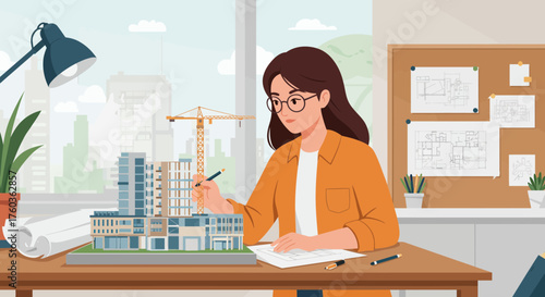 Female architect working on building model and floor plans in her office with cityscape view, concept for real estate development, architectural design and urban planning