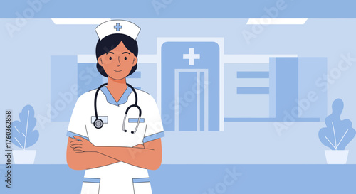 Confident woman nurse with stethoscope standing in front of hospital building in vector illustration, concept for healthcare service, medical profession and patient care design