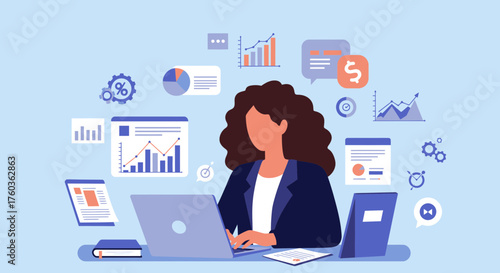 Woman working on laptop with financial data visualization elements, concept for data analysis, business intelligence and financial management solution.