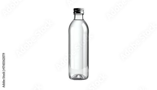 Clear glass bottle with liquid, black background, silvery cap