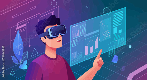 A man wearing VR glasses interacting with a futuristic data interface display. Concept for virtual reality experience, data analysis and interactive simulations.