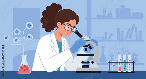 Illustration of a woman scientist in lab coat using a microscope in a laboratory setting, concept for medical research, pharmaceutical development and biotechnology studies