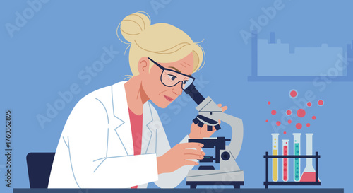 Blonde female scientist examining sample under microscope in a lab, wearing a white coat. Concept for medical research, pharmaceutical development, and scientific discoveries