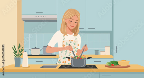 Blond woman stirring fresh vegetables in a pot at the kitchen, wearing floral apron. concept for healthy lifestyle, cooking tutorials and culinary education