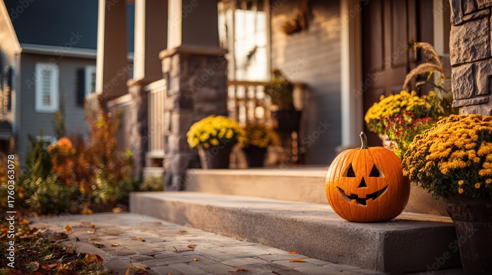Obraz premium Cozy front porch decorated for Halloween with carved pumpkin and vibrant autumn flowers in warm sunlight fall scene