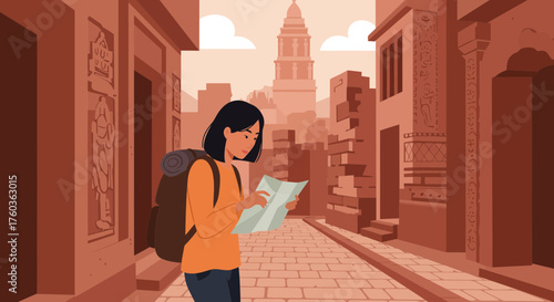 A young woman with a backpack reading a map on historical street with temple, concept for travel guide, cultural exploration and tourism brochure design