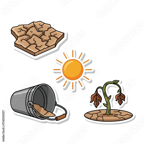 Illustration depicting drought conditions: cracked earth, wilting plant, empty bucket, and a bright sun.