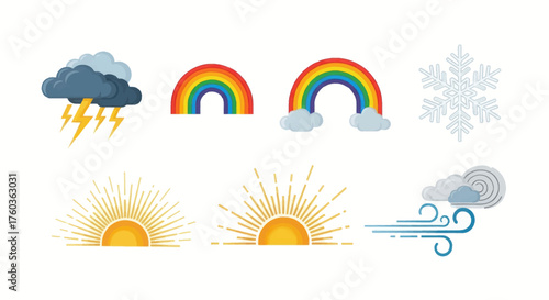 Set of various weather forecast icons including sun rainbow storm snow and wind.