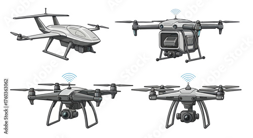 Four Different Drone Designs in Black and White Illustration.