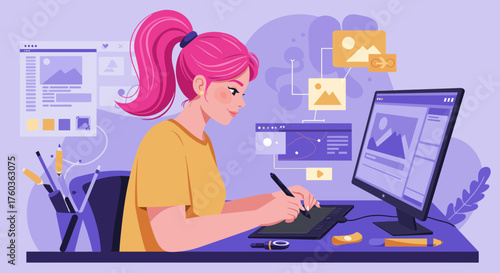 Pink-haired woman working on a graphic design project with pen tablet, computer and digital design tools. Concept for creative work, visual content creation and professional illustration