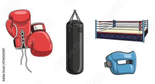 Red Boxing Gloves Punching Bag Boxing Ring and Headgear.