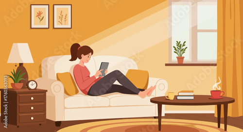 Young woman relaxing on sofa while using a tablet in a sunny living room. Concept for online education, remote work and comfortable home leisure, digital lifestyle