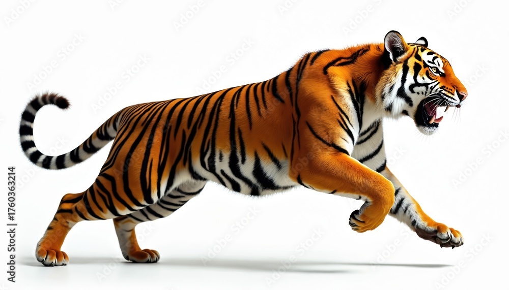 Fototapeta premium Striking photo of a running tiger isolated on white. Powerful big cat shows agility and strength. Orange and black striped fur, a predator in motion.