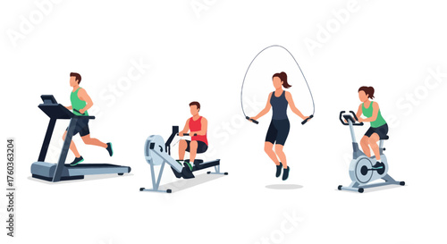 People Exercising with Gym Equipment: Treadmill Rowing Machine Jump Rope Stationary Bike.