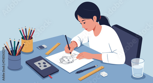 Young woman drawing a portrait with pencil on paper at her desk with art supplies, concept for creative hobby, art education and illustration project