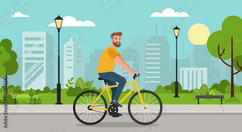 Man with beard riding a yellow bicycle in a city park with trees, buildings, and lampposts in the background, concept for eco-friendly transportation, healthy lifestyle and urban commuting