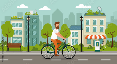 Cartoon illustration of a bearded man riding a bicycle on a city street with green buildings, concept for sustainable lifestyle, urban planning, and eco-friendly transportation