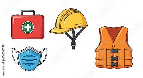 Essential Safety Gear: First Aid Kit Hard Hat Face Mask and Life Vest.