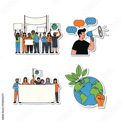 Diverse group of activists protesting for environmental and social justice, featuring a megaphone for advocacy and an earth symbol with a raised fist.