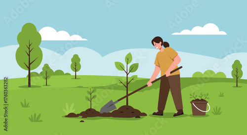 Illustration of a woman planting trees in a green field with a shovel under a bright sky, concept for environmental awareness, reforestation project and community involvement