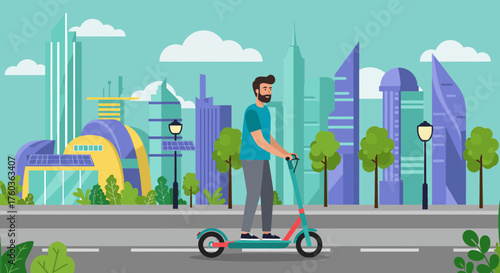 Cartoon man riding electric scooter on urban background with modern architecture, concept for city mobility, eco-friendly transportation and innovative lifestyle