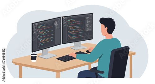 Software developer working with dual monitors displays on desk, typing code with coffee nearby. Concept for software development, web application design and digital transformation