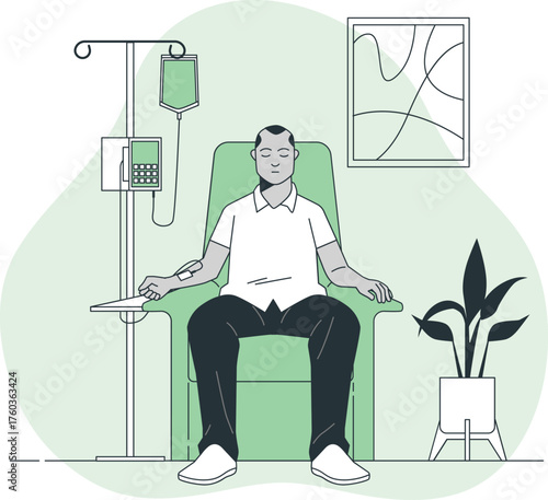 Patient receiving intravenous infusion in a chair with an IV drip stand medical treatment