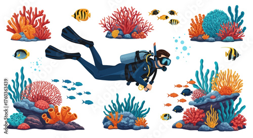 Scuba Diver Exploring Vibrant Coral Reef Ecosystem with Tropical Fish.