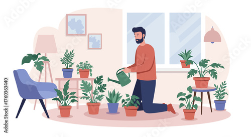Bearded man waters potted plants inside, creating a cozy indoor garden scene with natural light. Concept for home decoration, plant care and relaxing hobby.