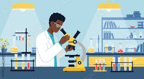 Illustration of a scientist in lab coat looking through a microscope amidst beakers and test tubes, concept for medical research, pharmaceutical development, and scientific education