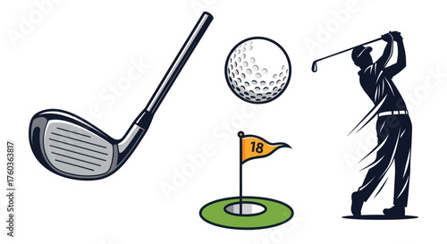 Golf Equipment and Player Illustration: Club Ball Flag and Swinging Golfer.