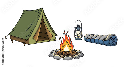 Camping Scene with Tent Campfire Lantern and Sleeping Bag.