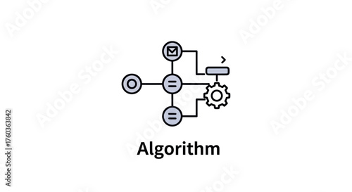 Flat line art icon of an algorithm illustrating a logical process with a flowchart and various symbols.