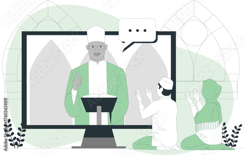 Muslim cleric giving online sermon to praying congregation on screen imam
