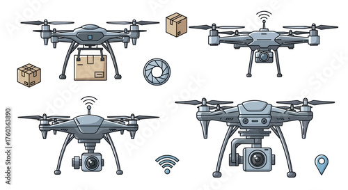 Set of Illustrated Drones for Delivery and Photography.
