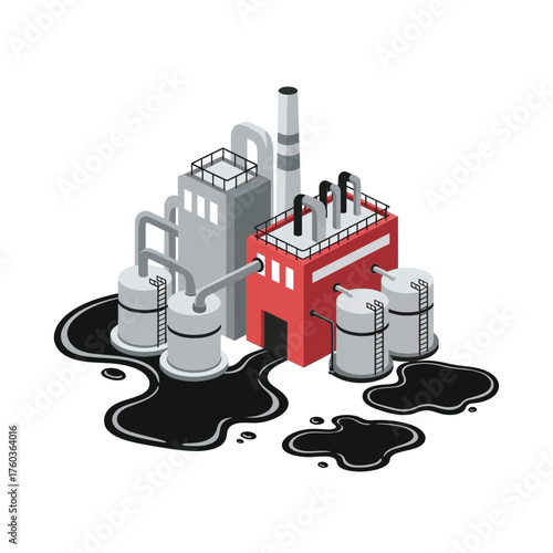Isometric illustration of an industrial oil refinery or chemical plant with a significant black liquid spill.