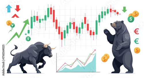 Bull and Bear financial market concept with stock trading candlestick chart graphs and currency coins.