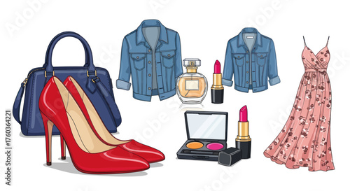 Fashionable Womens Clothing and Accessories: Handbag Heels Dress Denim Jacket Perfume and Makeup.