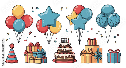 Colorful hand-drawn set of birthday party celebration elements with cakes gifts and balloons.