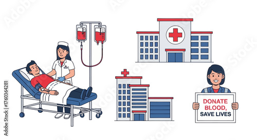 Blood Donation Scene: Patient Receiving Transfusion Hospital Buildings and Donation Advocate.